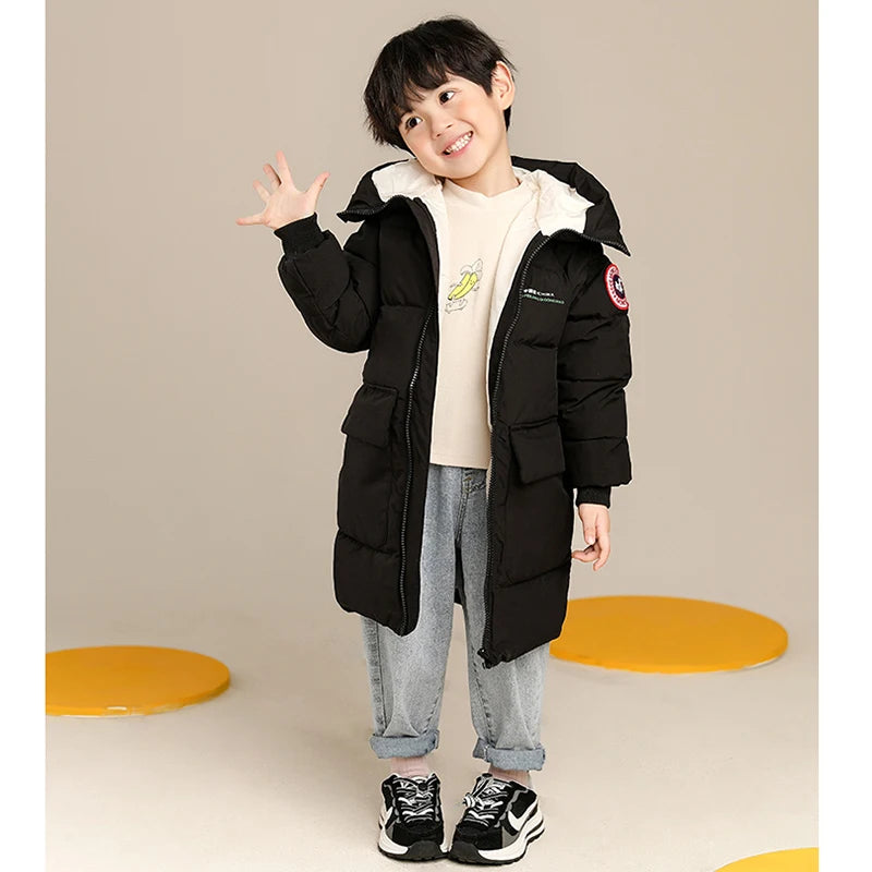 Boys’ Autumn/Winter Jacket – Solid Color, Long Hooded Coat, Warm & Cozy
