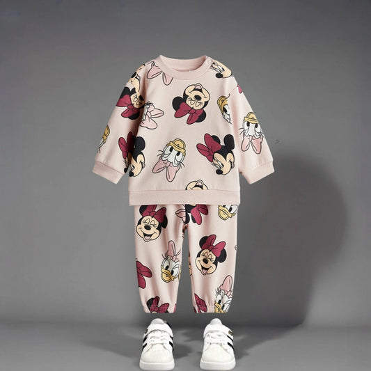 Kids’ Long Sleeve Tracksuit – Full Print Minnie & Mickey, Spring/Autumn Two-Piece Set for Boys & Girls.