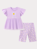 Butterfly Ruffle Sleeve Top & Daisy Print Leggings Set - Kidnor