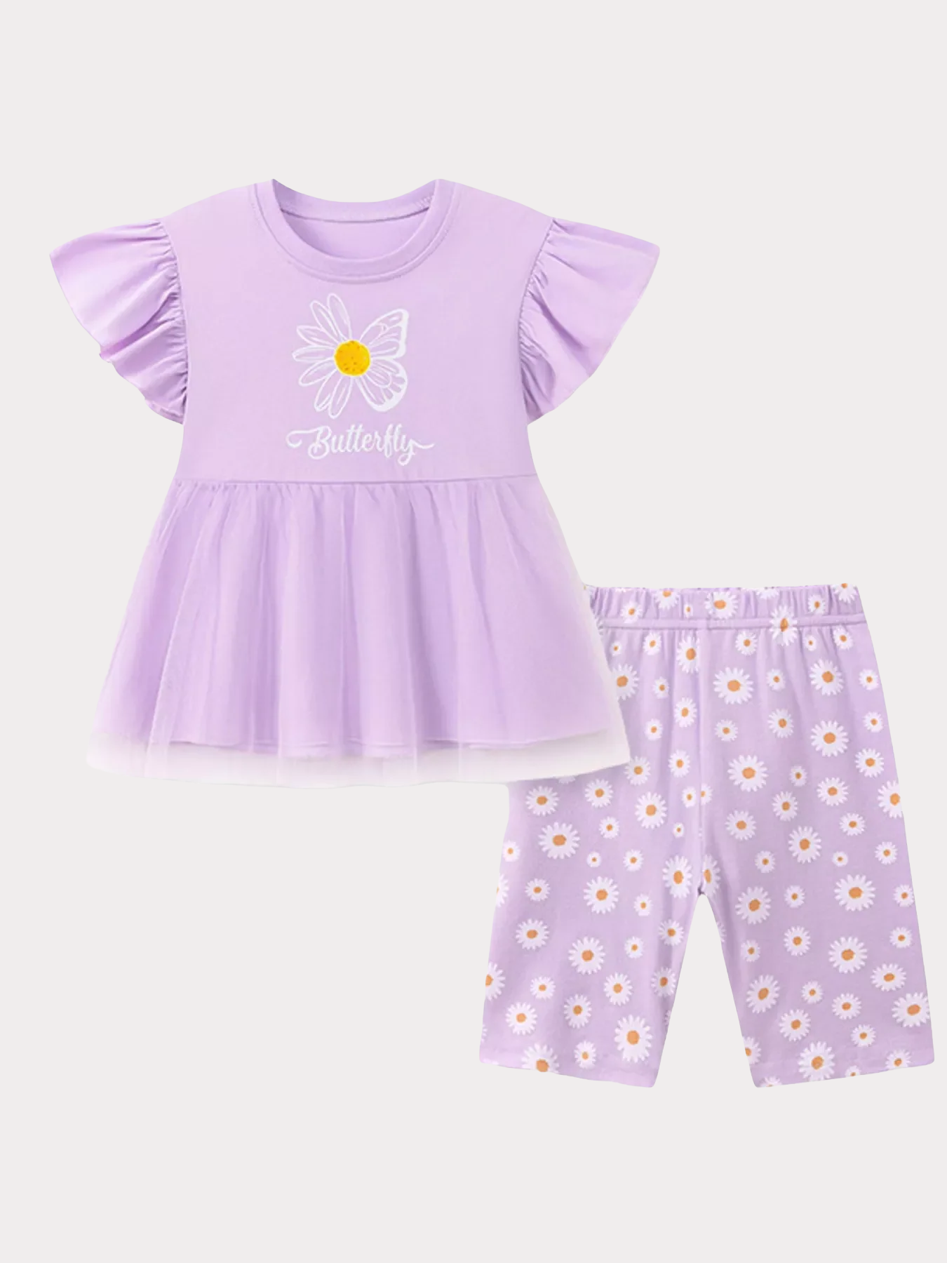 Butterfly Ruffle Sleeve Top & Daisy Print Leggings Set - Kidnor
