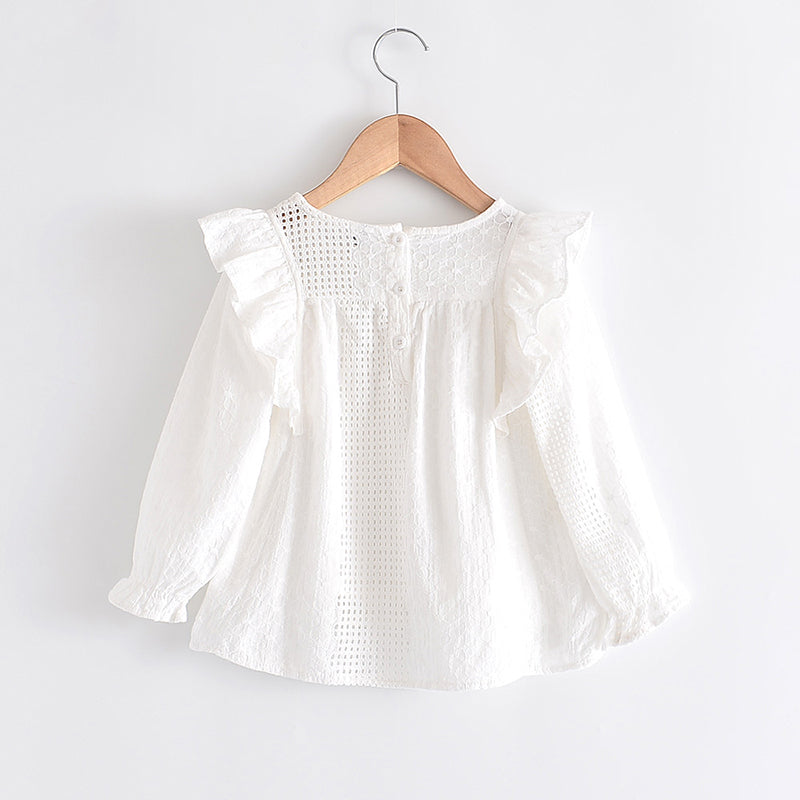 Girls' lace round neck long sleeve shirt