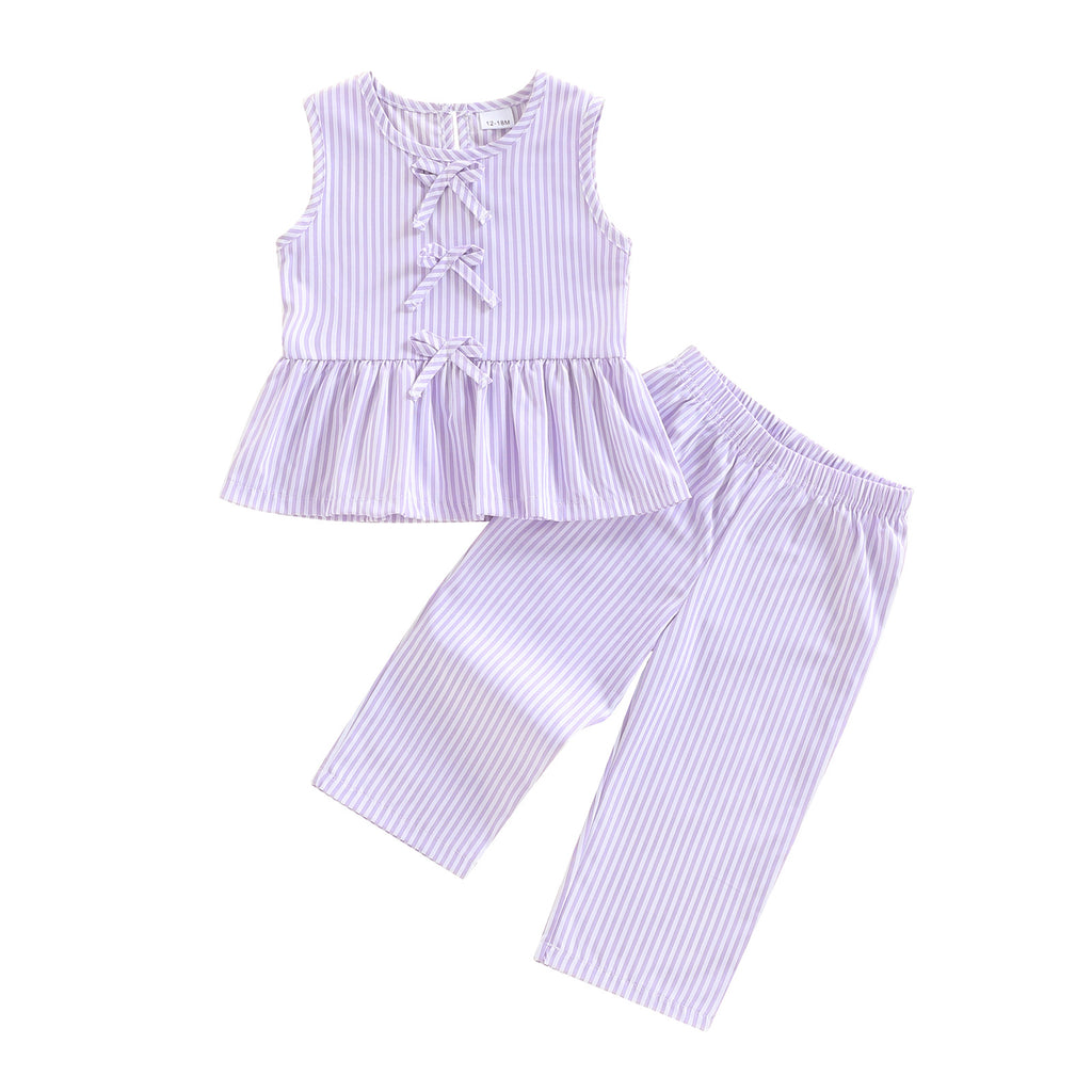 Girls Bow-Knot Sleeveless Top And Pants Childrens Set