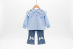 Cute Embroidered Collar Shirt And Denim Jeans Two-Piece Set For Girls