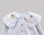 Cute Embroidered Collar Shirt And Denim Jeans Two-Piece Set For Girls