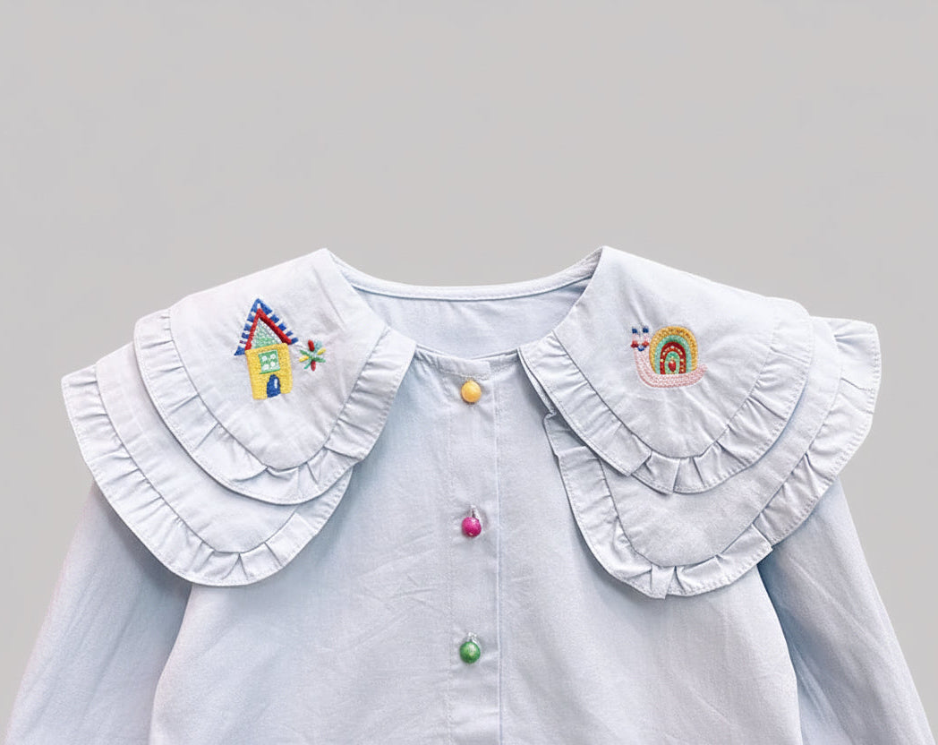 Cute Embroidered Collar Shirt And Denim Jeans Two-Piece Set For Girls