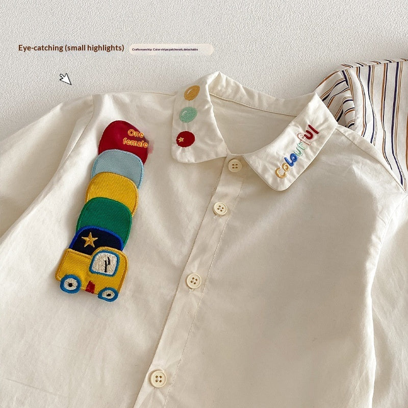 New Spring Stylish Patchwork-Sleeve Cartoon Base Shirt For Babies