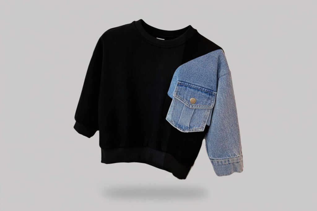 Boys' Denim Knitted Sleeve Loose Sweater