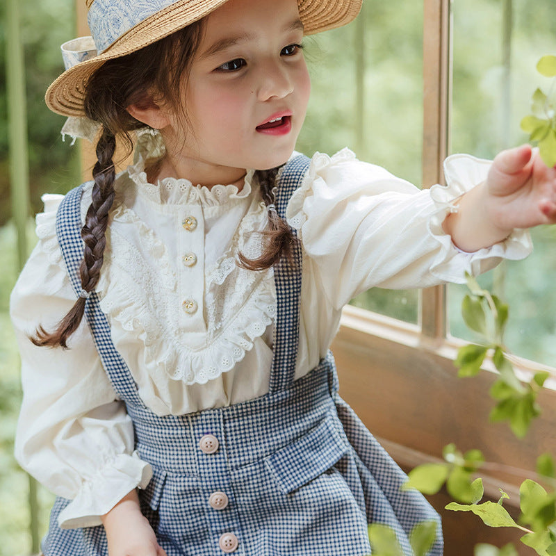 Frühlingsbluse für Mädchen mit Spitzenkragen, Retro-Spitze und Puffärmeln, Prinzessinnen-Stil