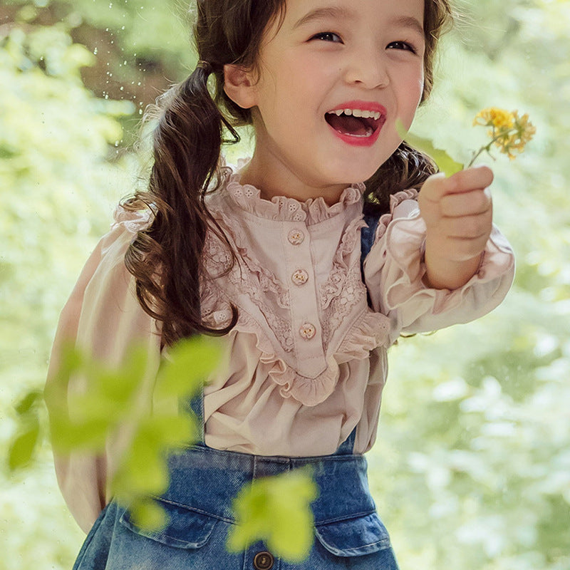 Spring Girls' Lace Collar Lace Retro Puff Sleeve Princess Shirt