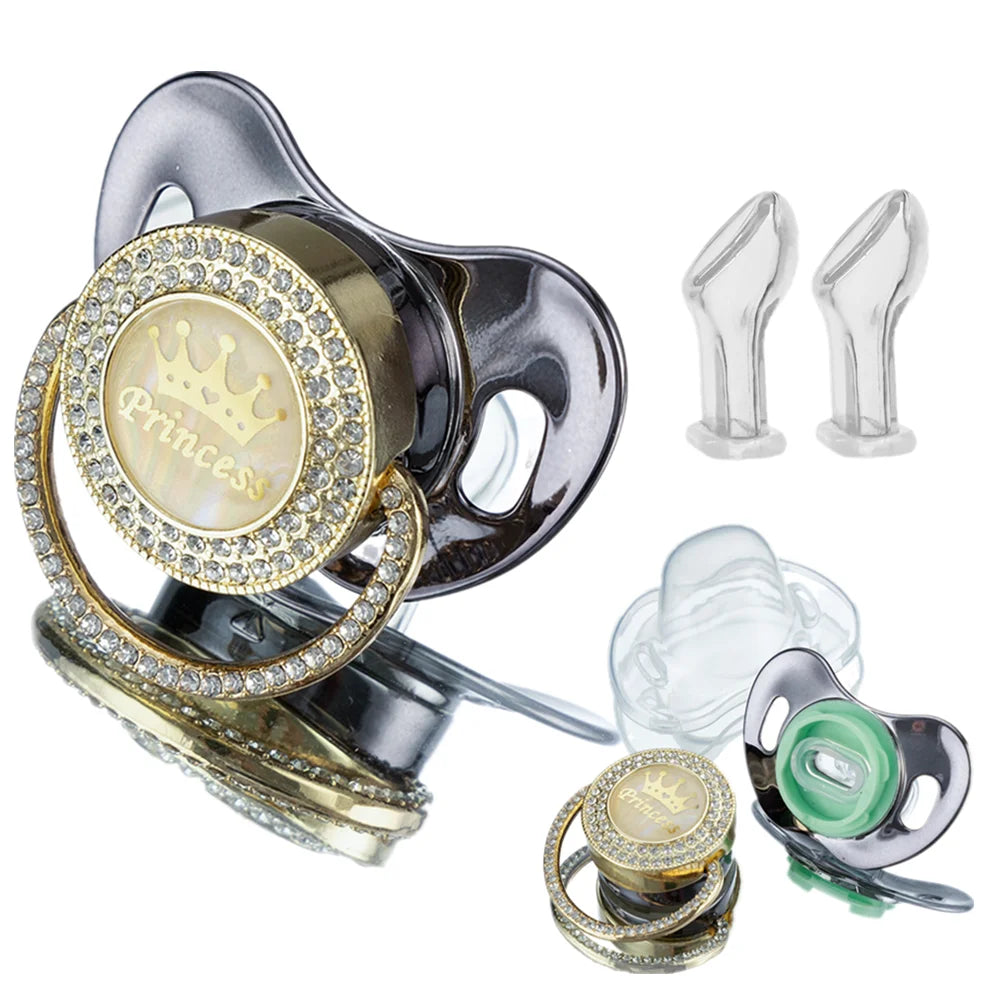 Miyocar Bling Handle Custom Metallic Purple Pacifier Bring 3 Replacement Teat Include All Size for Bo for Boy Girl Gift