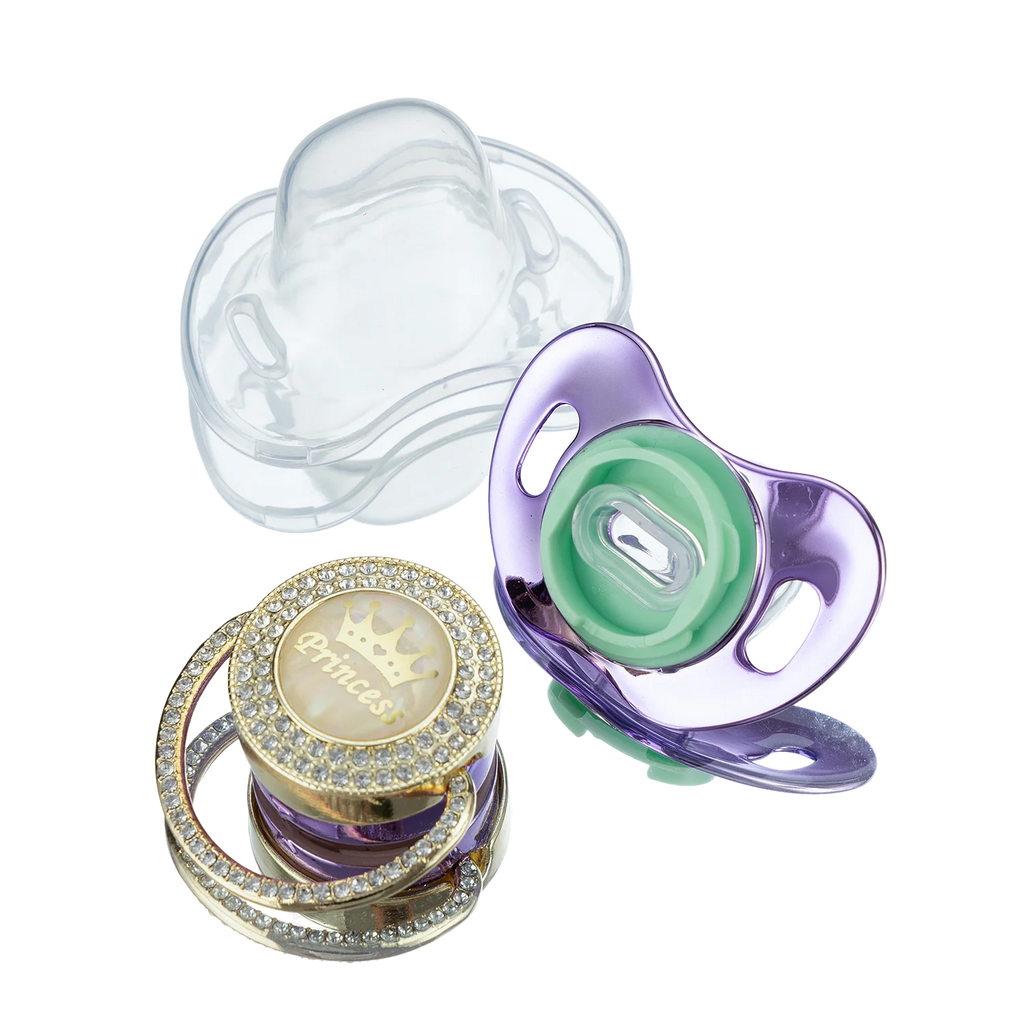 Miyocar Bling Handle Custom Metallic Purple Pacifier Bring 3 Replacement Teat Include All Size for Bo for Boy Girl Gift