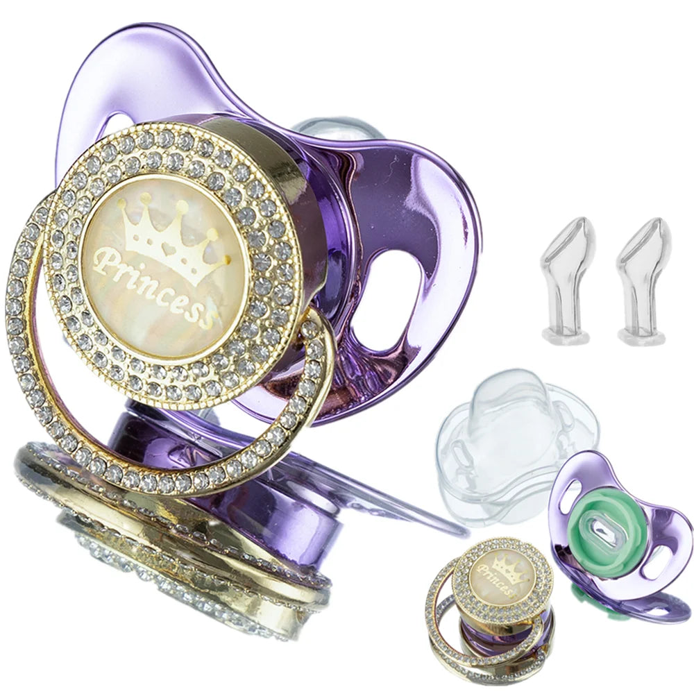 Miyocar Bling Handle Custom Metallic Purple Pacifier Bring 3 Replacement Teat Include All Size for Bo for Boy Girl Gift