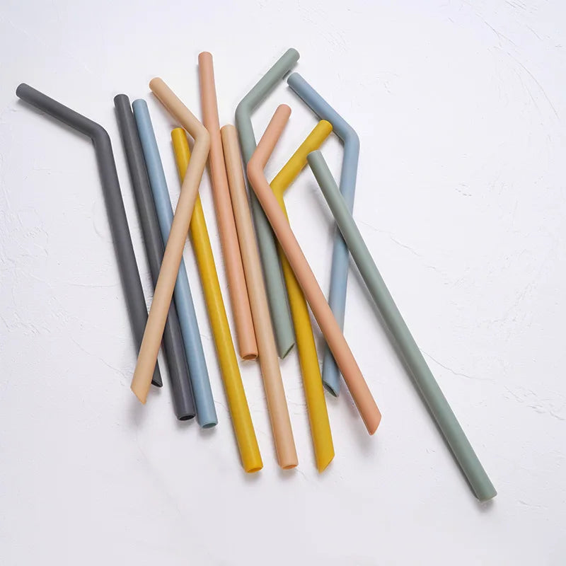 Baby Feeding Solid Color Reusable Silicone Straws Baby Food Grade Flexible Bent Straight Drinking Cup Straws Children Party Bar