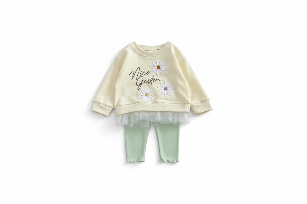 Baby Girl Embroidered Outfit Set - Lace Hem Top & Pants 2-Piece