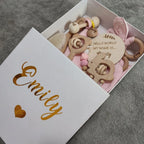 Baby Gift Box 8pcs with Personalized Name, Natural Wood Teether Rattle Set, Custom Baby Toy, Baby Name Announcement Baby Brush