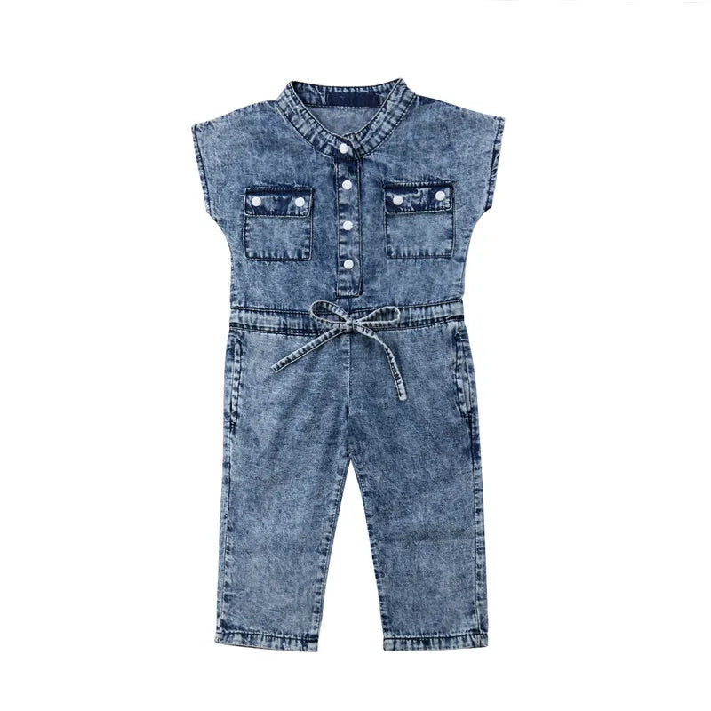 Baby Girl Denim Jumpsuit - Sleeveless Summer Romper