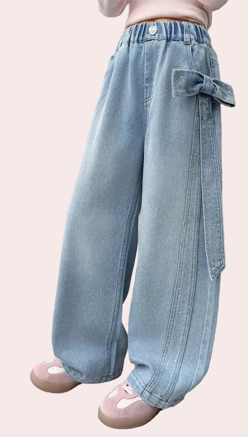 Modische Kinder-Jeans im Streetstyle mit geradem Bein und großer Schleife an der Seite, Strass-Jeans für Mädchen, Schleifenhose