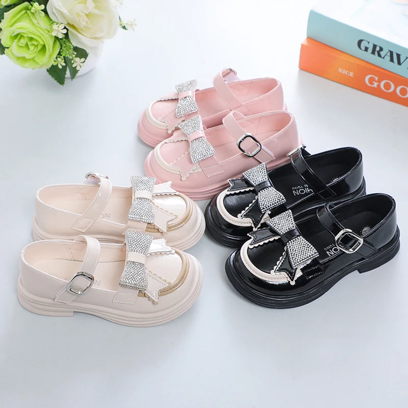 Girls Princess Mary Janes with Rhinestones & Bow - Leather Party Shoes