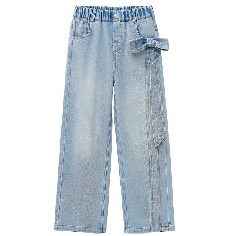 Girls Straight Leg Jeans with Bow & Rhinestones - Streetwear Denim Pants