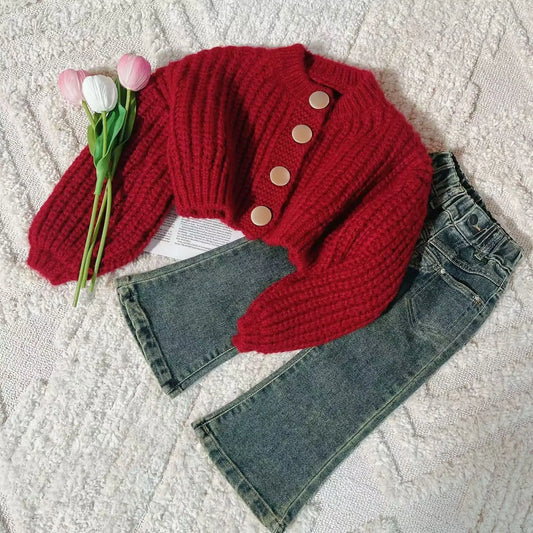 Girls Suit Sweater Knitted Cardigan Jacket + Denim Flared Pants