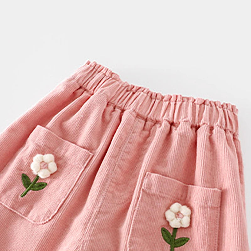 Corduroy Flower Embroidery Pants - Kidnor