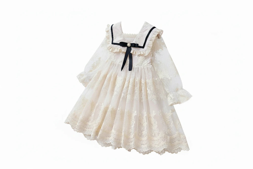 Girls' Sailor Collar Princess Dress - Chiffon Bow Party Dress Ages 4-6
