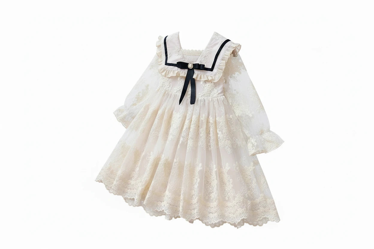 Girls' Sailor Collar Princess Dress - Chiffon Bow Party Dress Ages 4-6