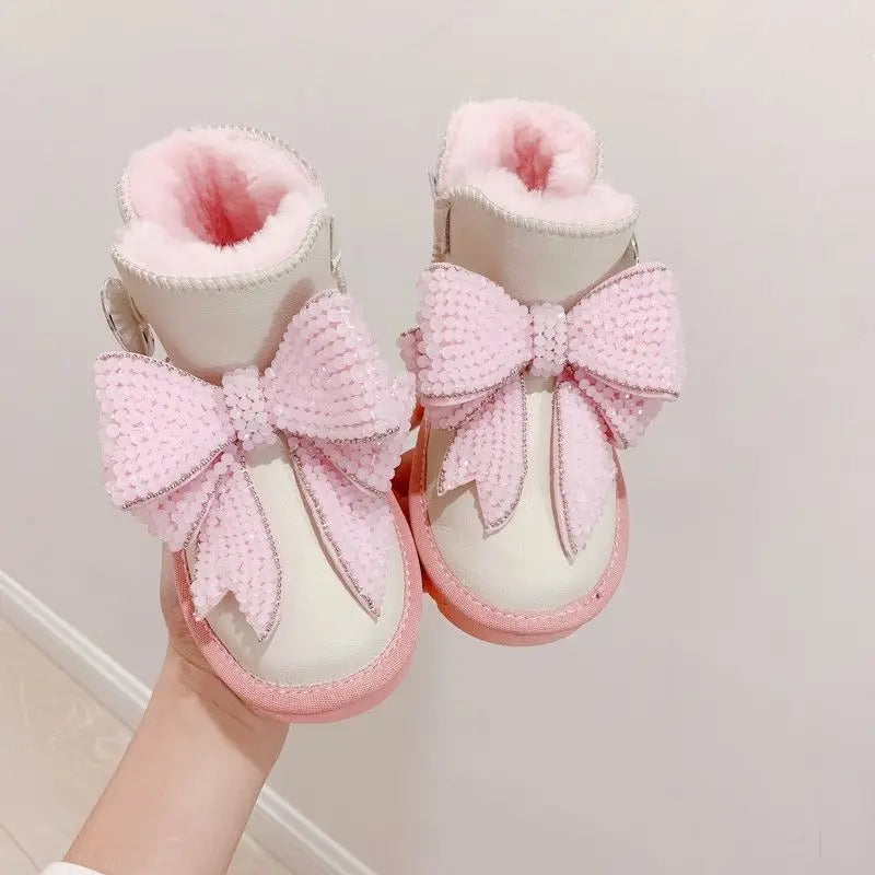 Girls Thermal Snow Boots Winter 2026 Pink Bow Crystal Ankle Boots Non Slip Warm