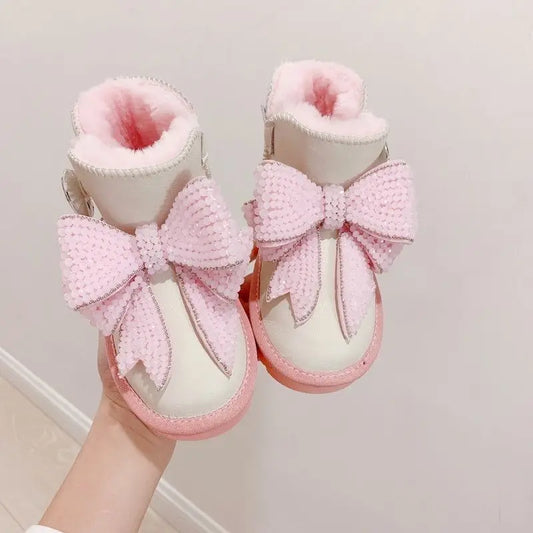 Girls Thermal Snow Boots Winter 2026 Pink Bow Crystal Ankle Boots Non Slip Warm