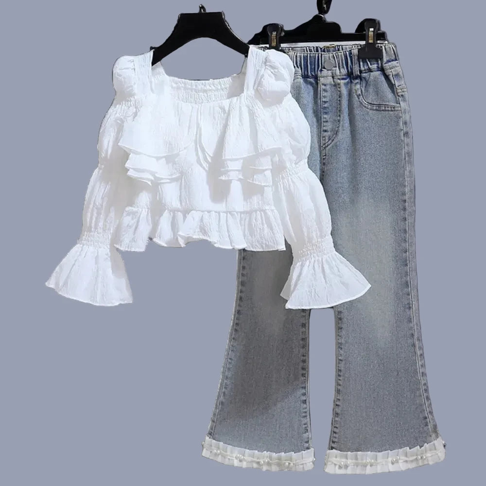 Baby- und Kinderoutfits, Rüschenblusen für Mädchen, Lolita-Schulblusen, Langarm-Herbstkleidung für Teenager, Größen 5, 7, 9, 11, 13 Jahre