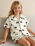 Girls' Summer Bow-Tie Pajama Set - Button Cardigan Top & Shorts