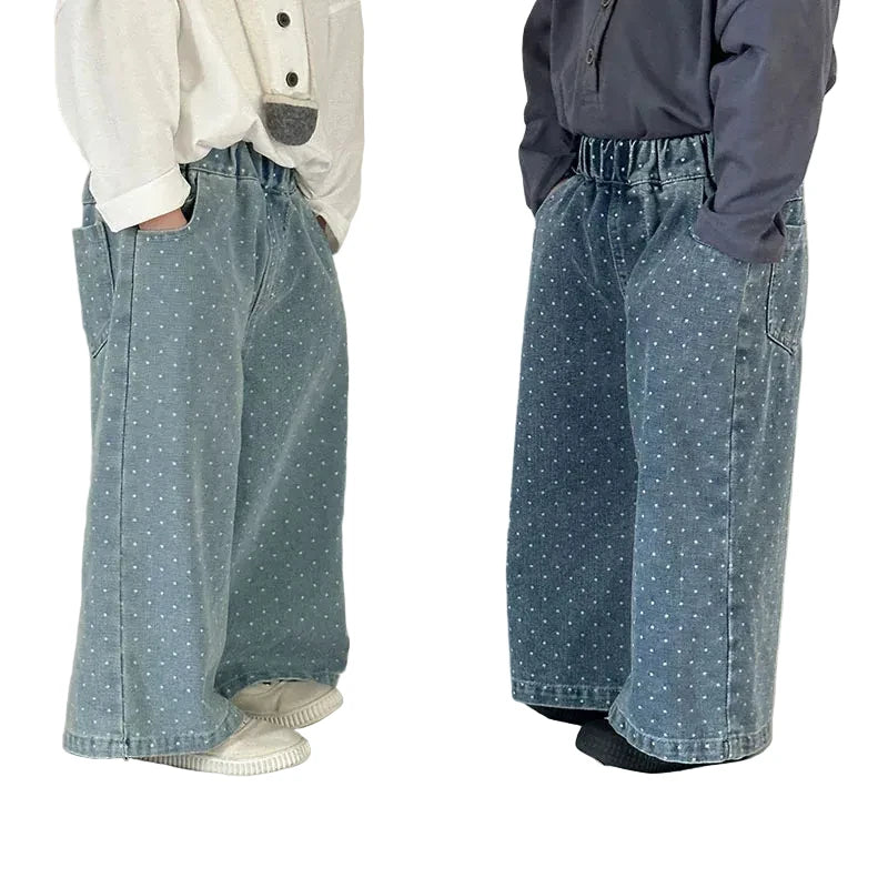 Kids Polka Dot Wide Leg Jeans - Loose Straight Pants