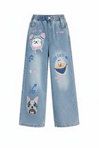 Girls' Cartoon Print Wide Leg Jeans - Fashion Denim Pants Ages 4-14