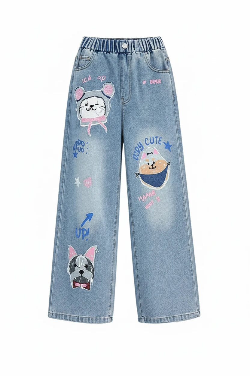 Girls' Cartoon Print Wide Leg Jeans - Fashion Denim Pants Ages 4-14