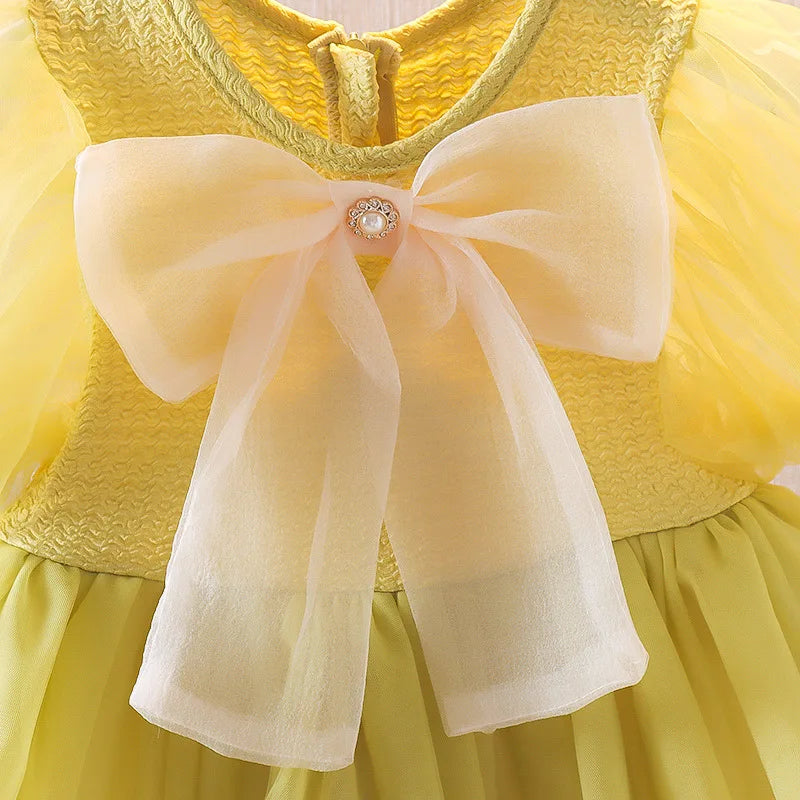 Baby Girl Mesh Dress with Bow - Short Sleeve Summer Birthday Dress