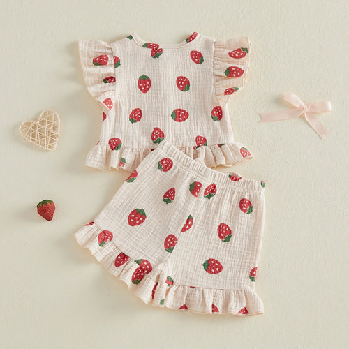 Baby Girls Strawberry Print Top & Shorts Set - 2-Piece Summer Outfit