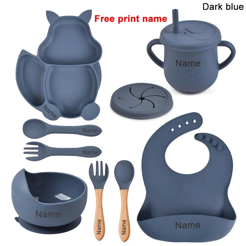 Personalized Name Silicone Tableware Set For Kids 8Pcs Baby Solid Feeding Set Squirrel Plate Dishes Sucker Bowl Bib Newborn Gift