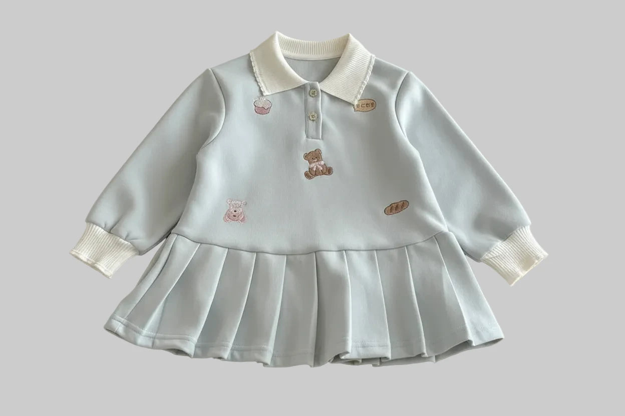 Cute Bear Long Sleeved Pleated Dress - Kidnor