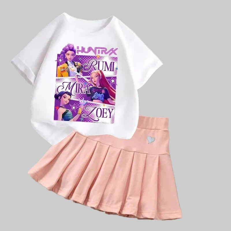Kpop Demon Hunters Mädchen T-Shirt & Rock Set - Kawaii Cartoon Sommer Outfit