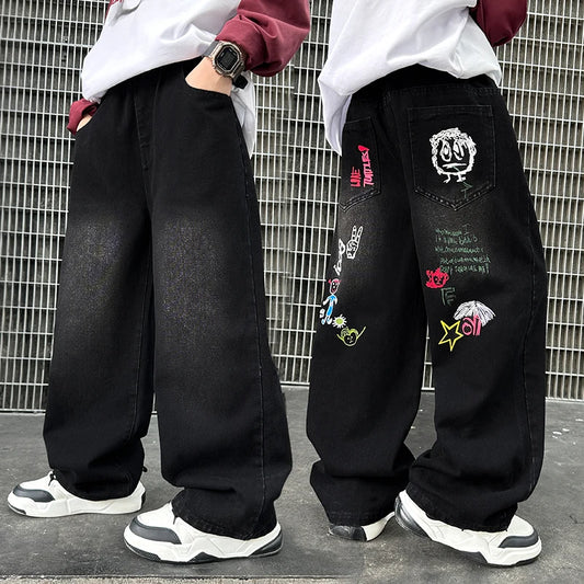 New Fashion Kids Black Jeans with Drawing for Boys Girls