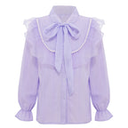 Girls' Korean Style Ruffle Collar Shirt - White Long Sleeve Top