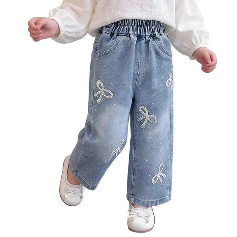 Girls' Korean Style Wide Leg Jeans - Soft Washed Denim Pants