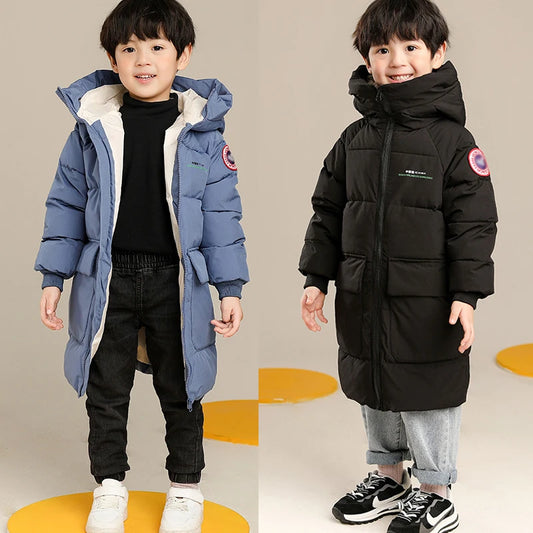 Boys’ Autumn/Winter Jacket – Solid Color, Long Hooded Coat, Warm & Cozy