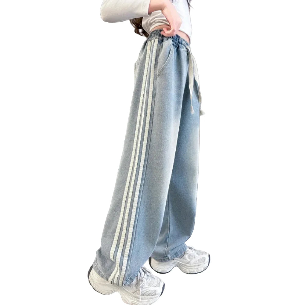 Girls' Striped Wide Leg Jeans - Korean Style Spring Pants