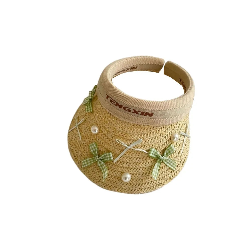 Kids Straw Sun Hat with Bowknot - Wide Brim UV Protection Beach Visor