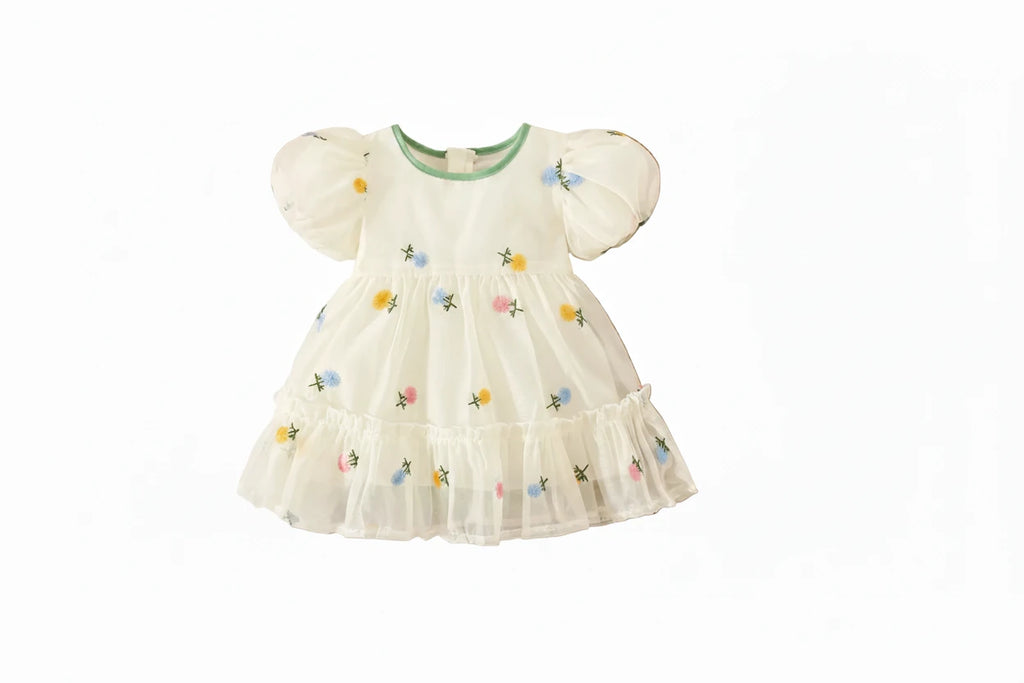 Girls' Embroidered Party Dress - Bubble Sleeve Birthday Dress Ages 1-3