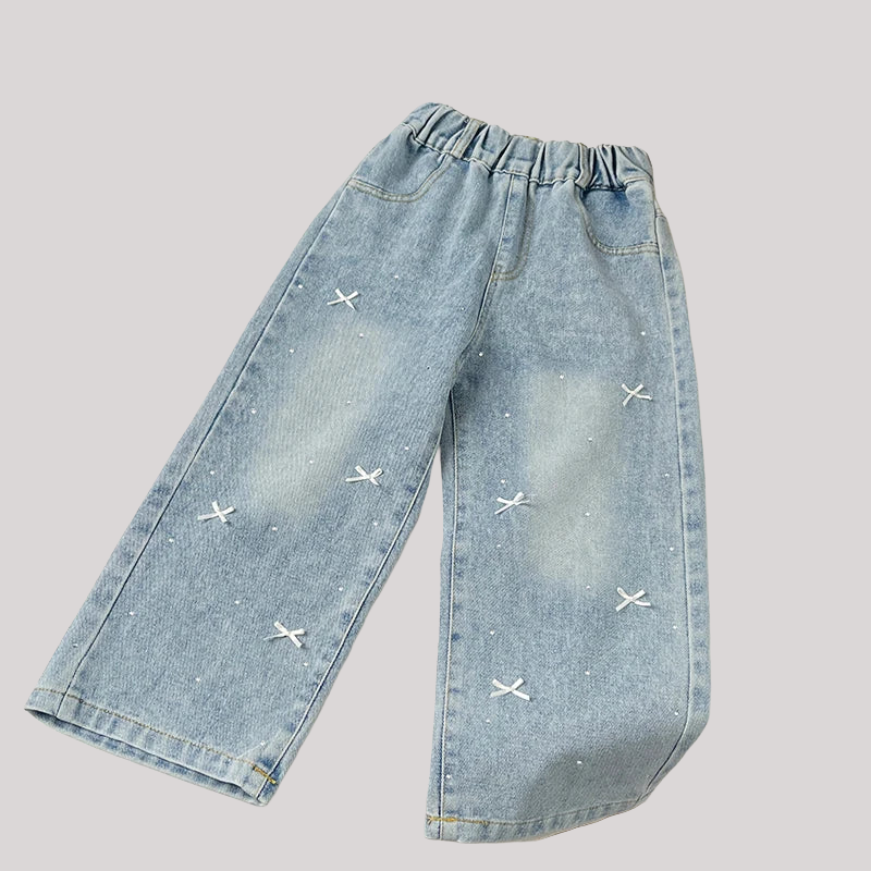 Wide-Leg Bow Embroidery Jeans - Kidnor