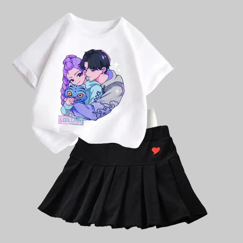 Set tricou și fustă Kpop Demon Hunters pentru fete - ținută de vară cu desene animate Kawaii