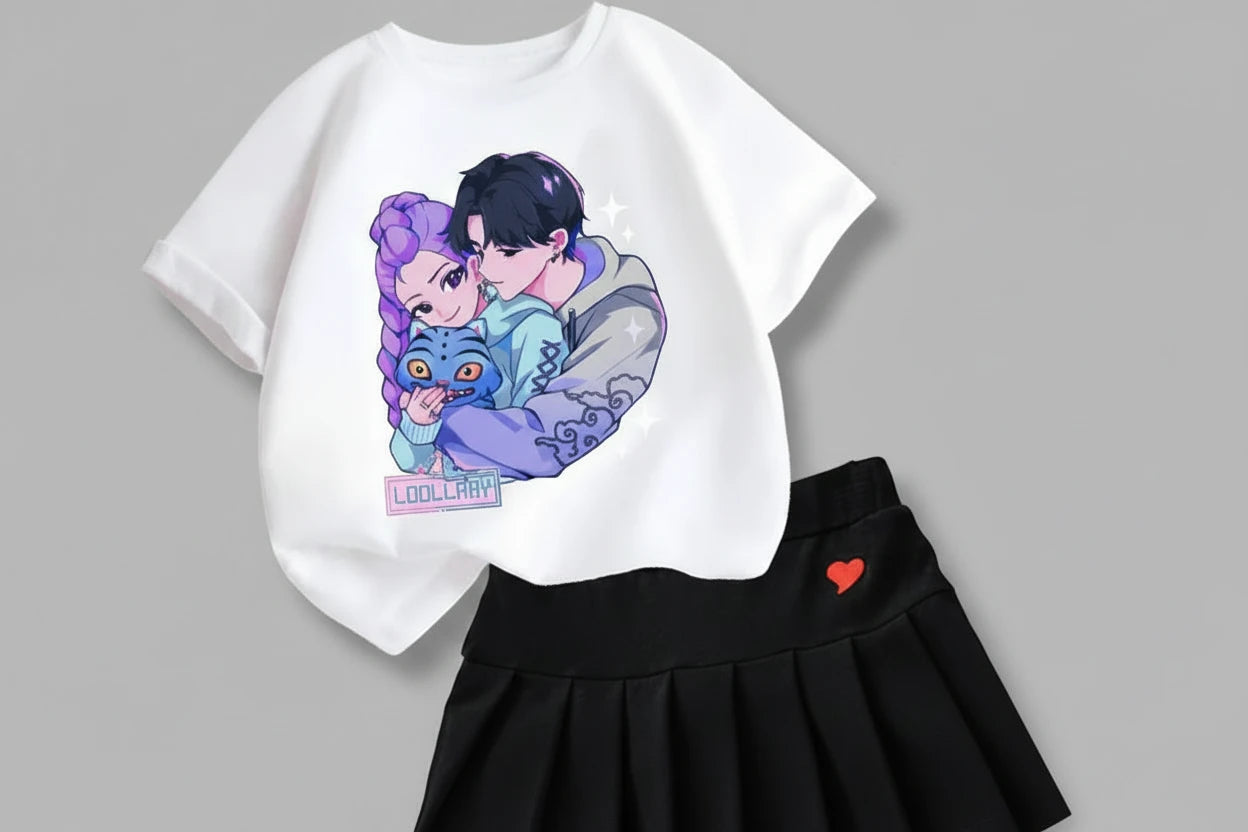 Set tricou și fustă Kpop Demon Hunters pentru fete - ținută de vară cu desene animate Kawaii