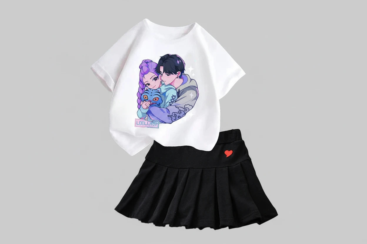 Set tricou și fustă Kpop Demon Hunters pentru fete - ținută de vară cu desene animate Kawaii